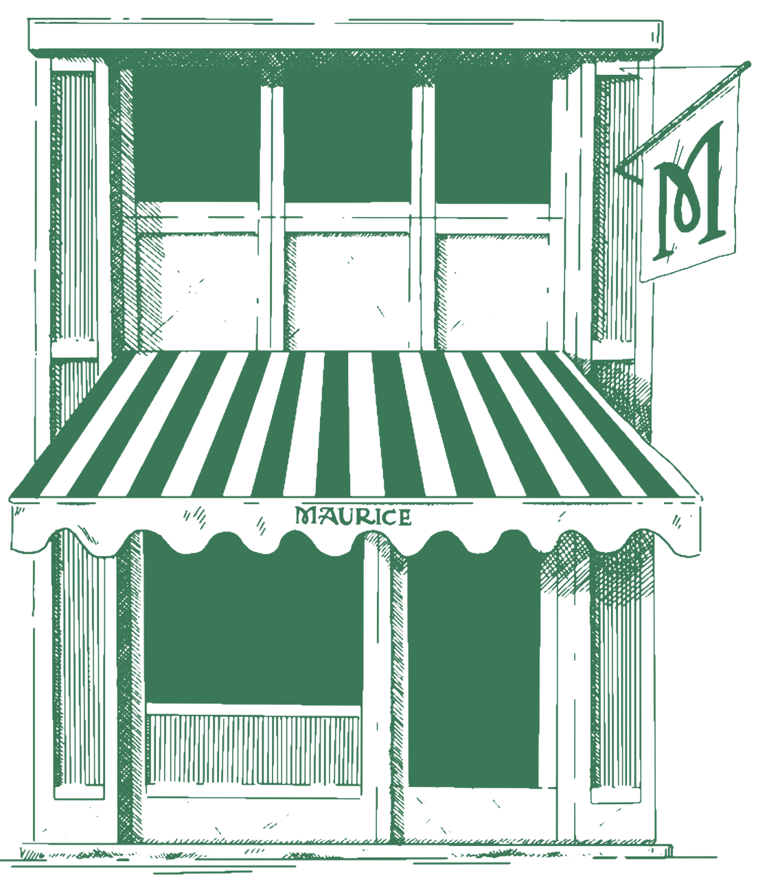 Devanture du Maurice Sfez Café, store rayé vert et blanc